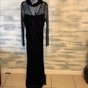 Eliza J Black Velvet Evening Gown Size 8 Sheer Mesh Long Sleeve Formal Dress